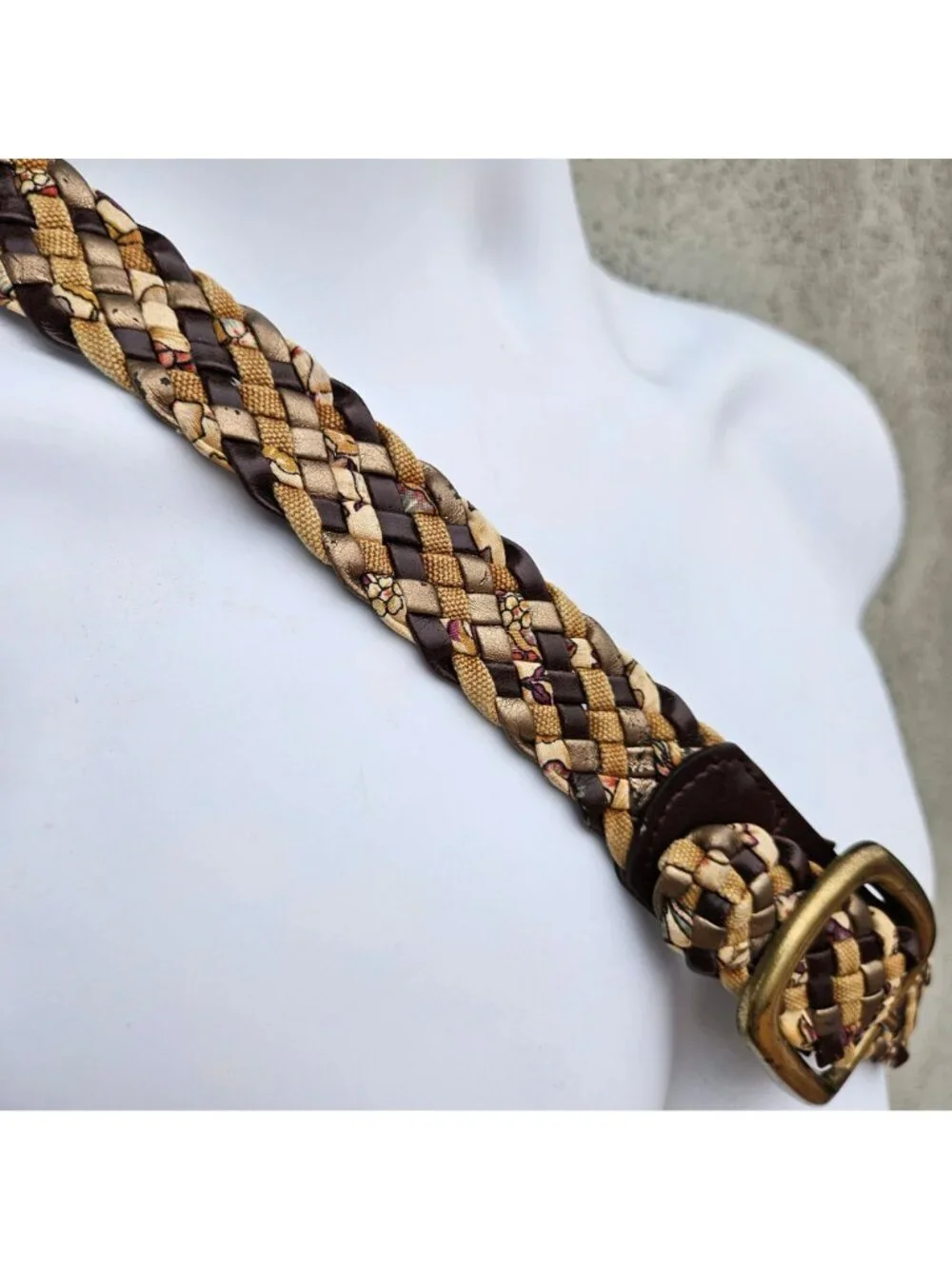 Vintage 70s Woven Leather Fabric Belt Brass Buckle Unisex One Size to 37
